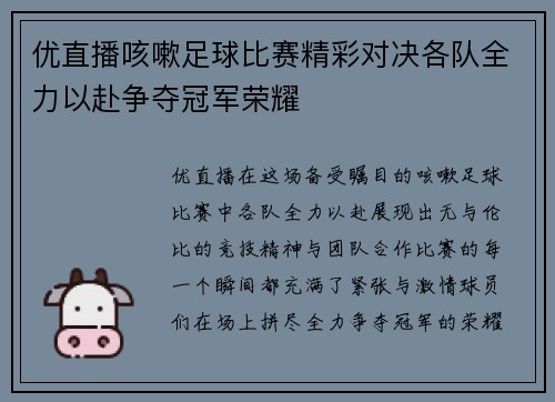 优直播咳嗽足球比赛精彩对决各队全力以赴争夺冠军荣耀
